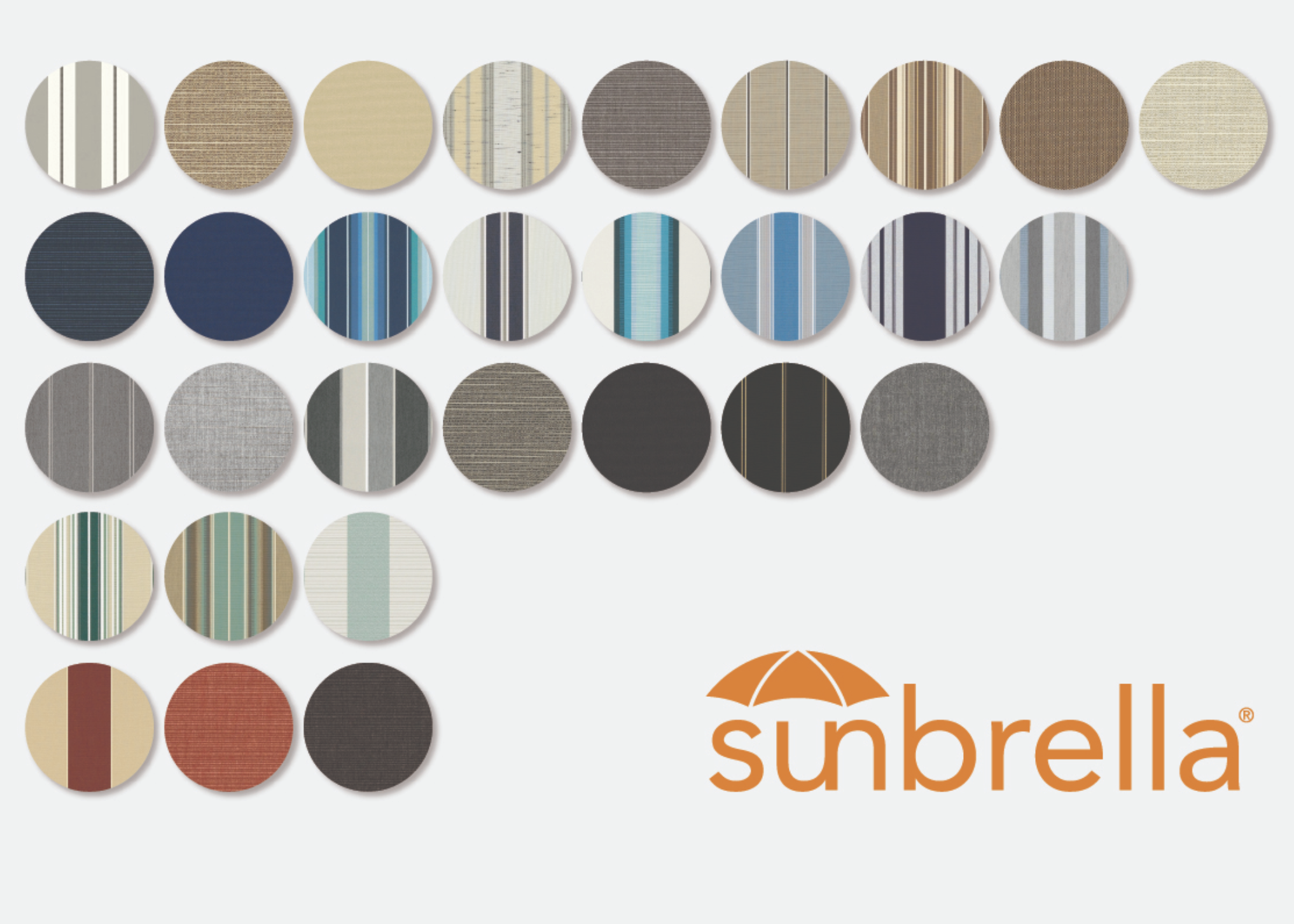 A collection of fabric or textured circular samples in various colors and patterns, with the logo and name of Sinbrella partially visible at the bottom right.