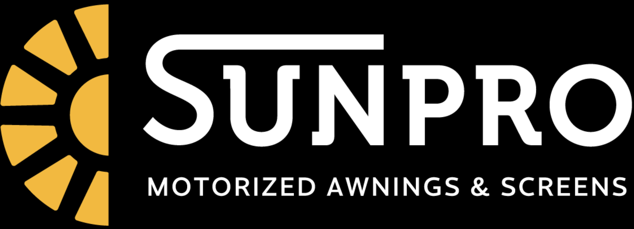 Sunpro logo with a yellow sunburst icon and white text 'Sunpro Motorized Awnings & Screens' on a black background.