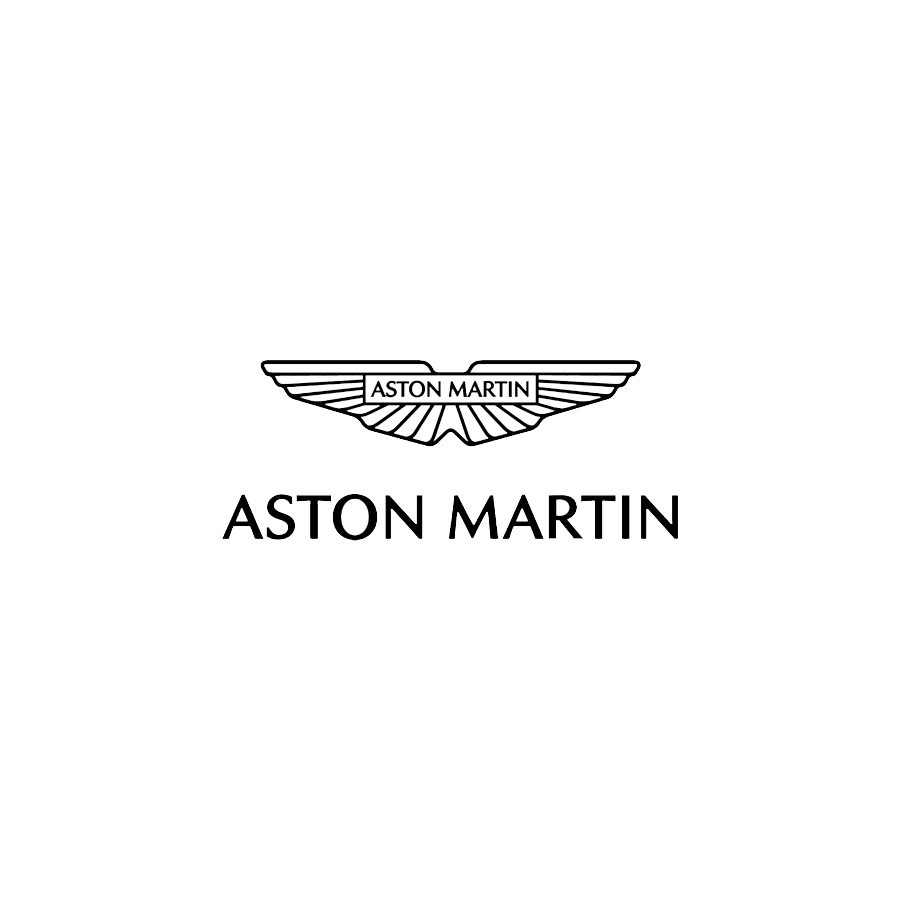 Black and white line drawing of the Aston Martin logo with the brand name below, featuring wings and a central badge with 'Aston Martin' text.