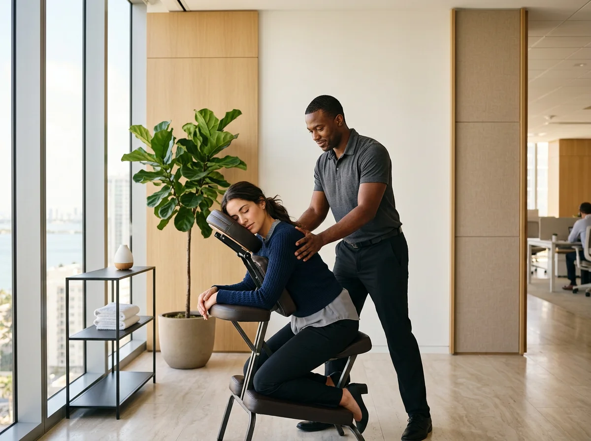 Corporate chair massage session with a professional massage therapist in a modern office.