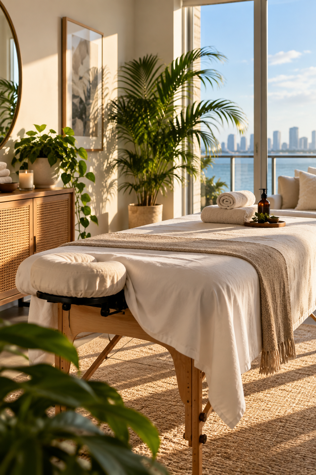 Mobile massage table prepared for a private session in a bright, relaxing space.