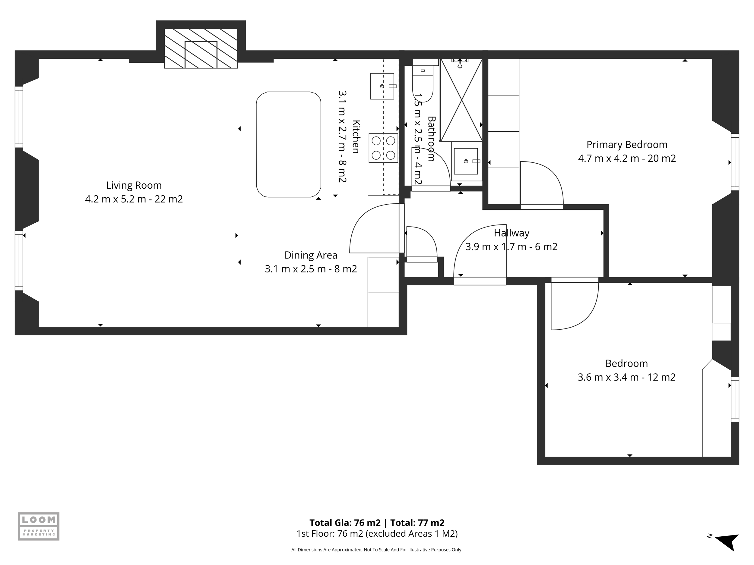 Floor plan of an apartment showing living room, dining area, kitchen, hallway, two bedrooms, and bathroom with dimensions.