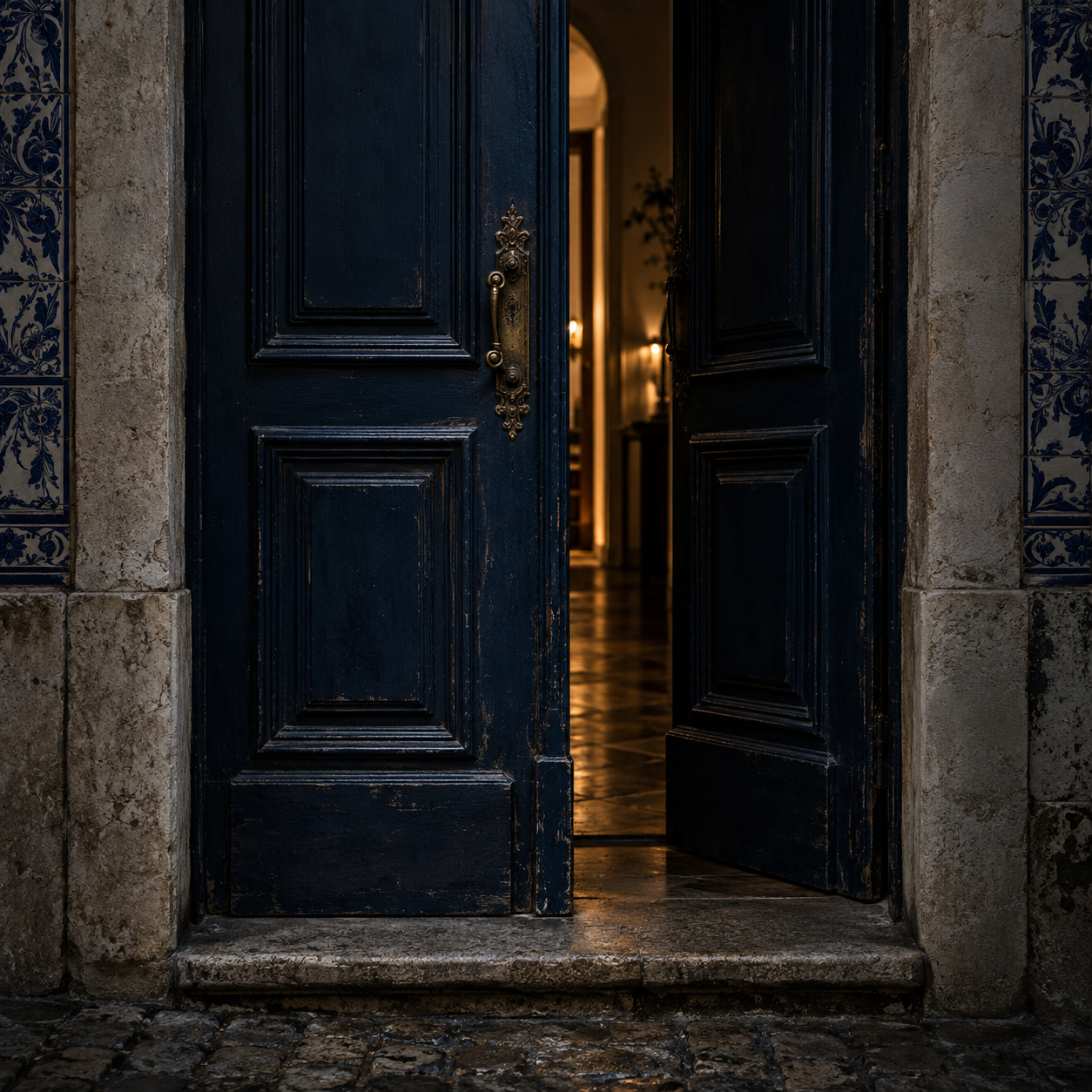 A midnight-blue doorway opening into warm light, framed by patterned tile
