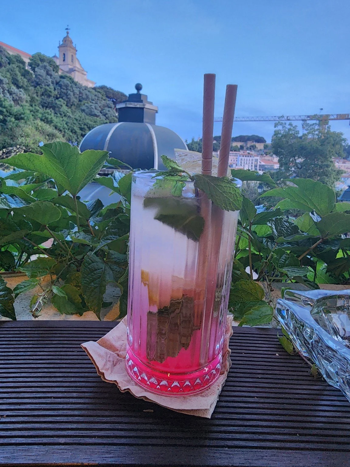 A quiet terrace table with a pink drink, greenery and historic architecture, photographed by Prachel.