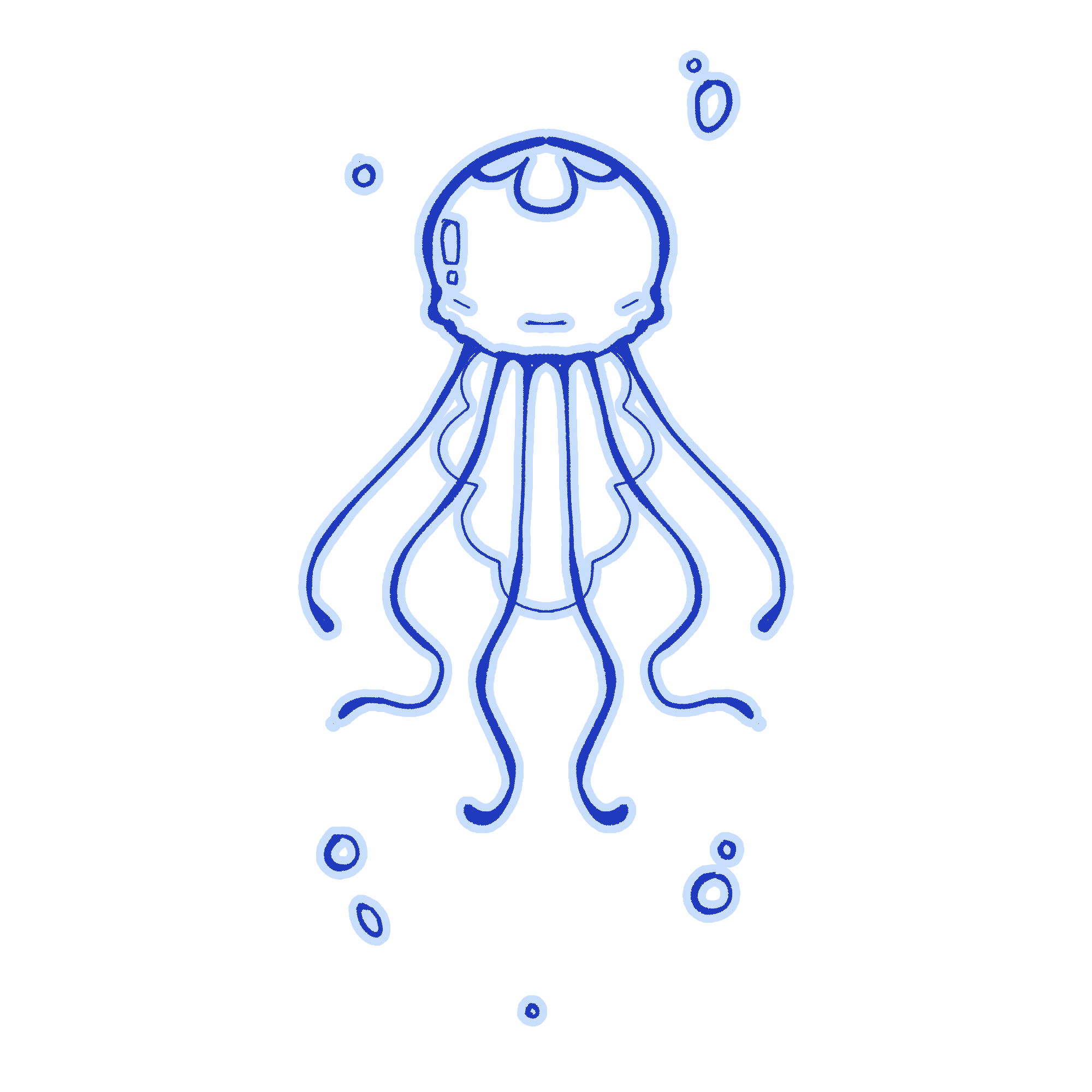 Blue outline of an astronaut helmet with a helmet visor, star emblem on the front, and space bubbles around it.