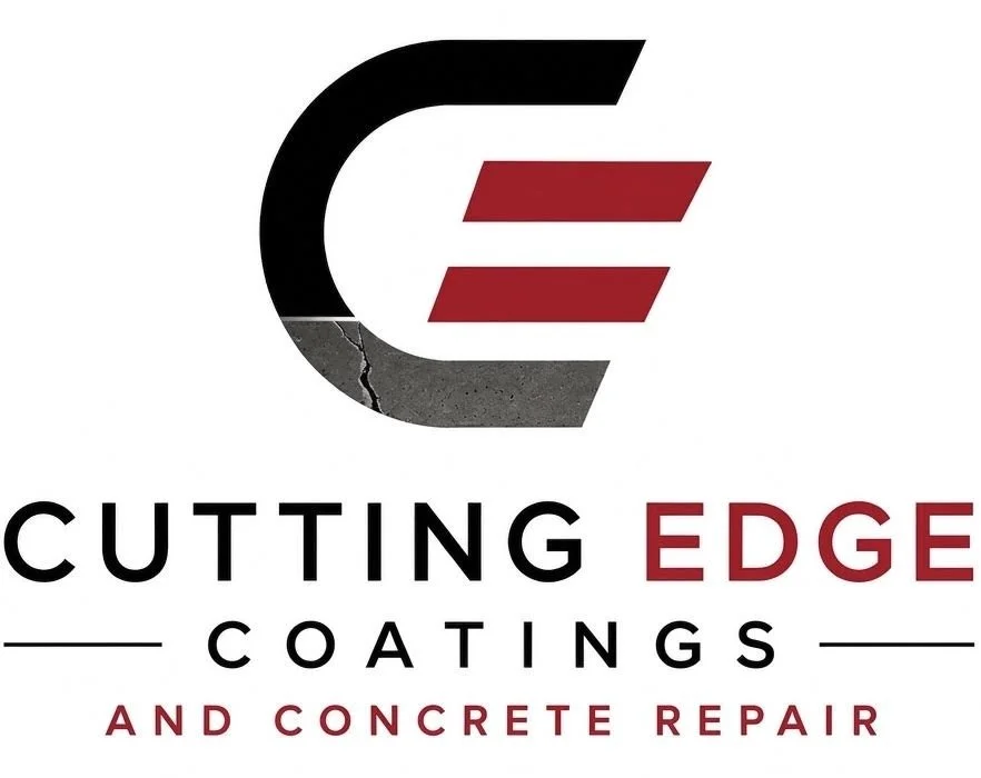 Company logo for Cutting Edge Coatings and Concrete Repair featuring a stylized letter 'C' with a cracked concrete texture at the bottom and red lines inside, with the company name and services written below.