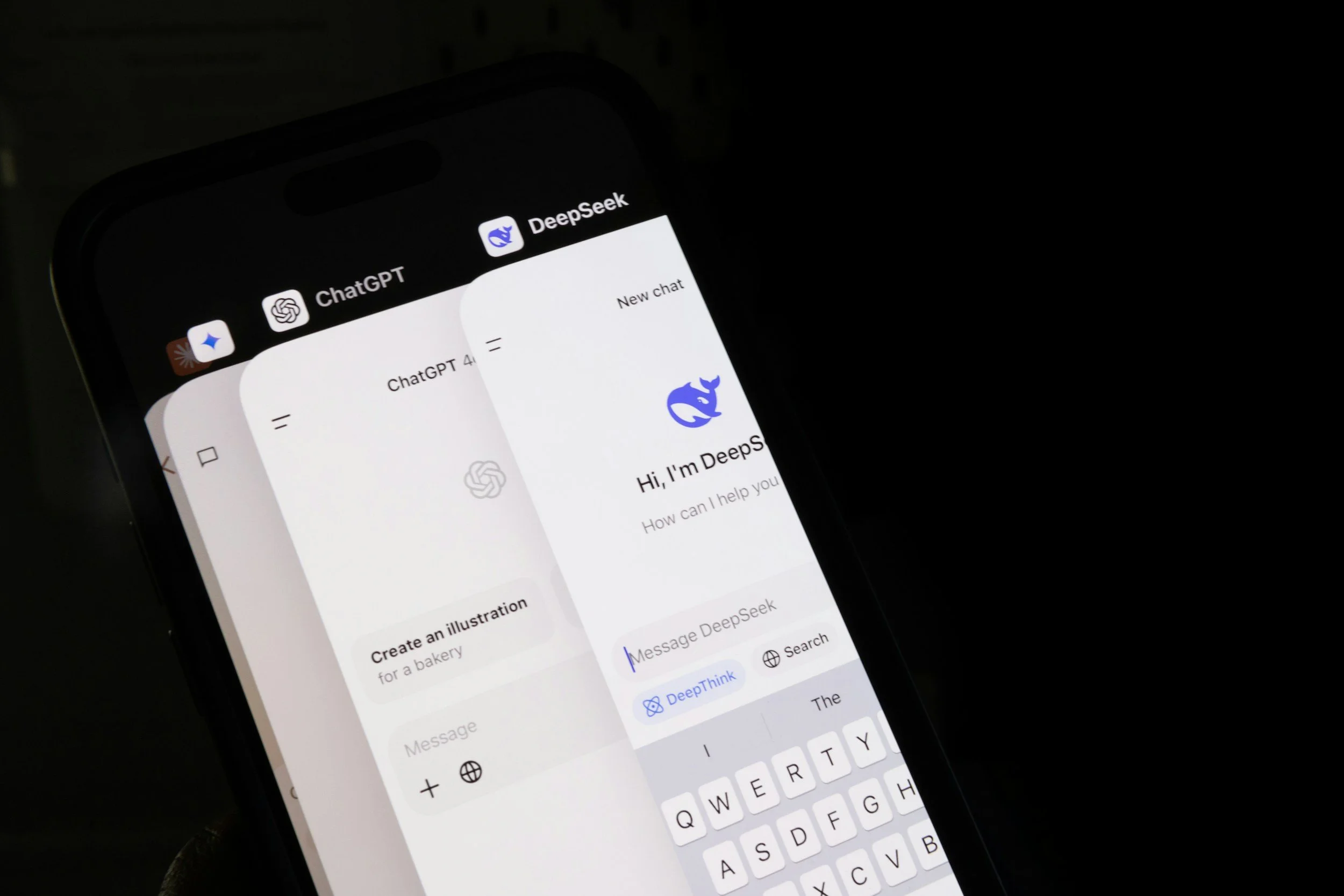 A smartphone screen displaying search results and a chat interface for DeepSeek app, with partial view of the keyboard.