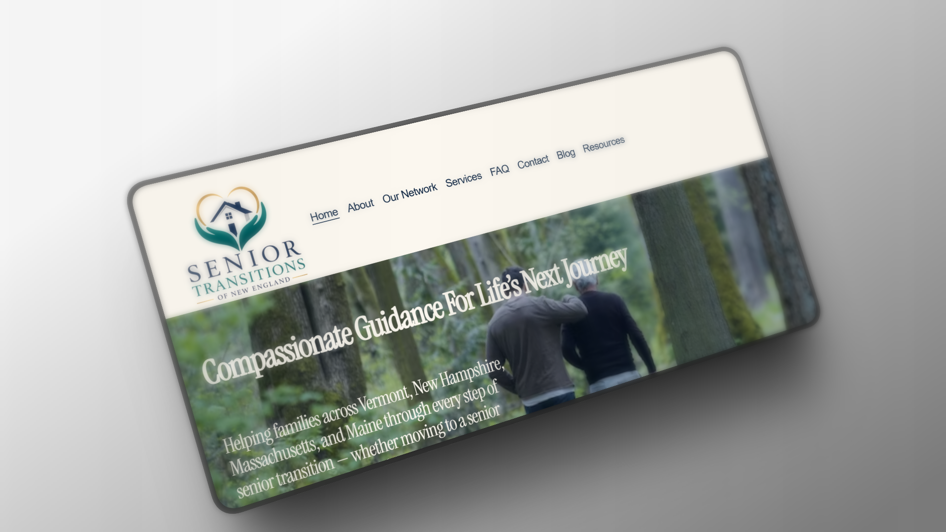 Screenshot of the Senior Transitions of New England website showing the homepage with a logo of a house surrounded by hands and trees, a navigation menu, and a banner image of seniors walking outdoors under trees.