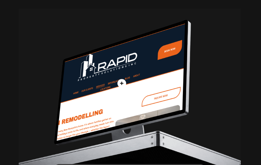 Computer monitor displaying a website for Rapid Property Solutions, a real estate company, with options for booking and inquiry.
