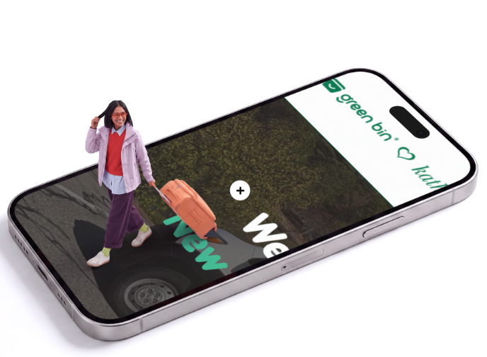 A young girl with glasses and a backpack standing on a smartphone displaying a travel app with a green bus icon and the letters 'We' visible on the screen.