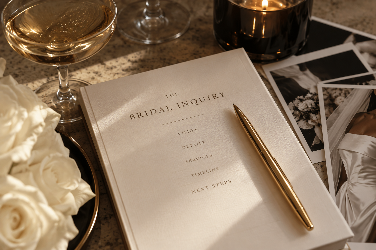 A wedding planning booklet titled 'The Bridal Inquiry' with a gold pen resting on it, a glass of white wine, a candle, photographs, and a bouquet of white roses on a table.
