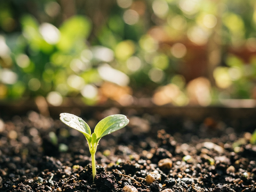Close-up of a small green seedling sprouting from dark soil in sunlight.