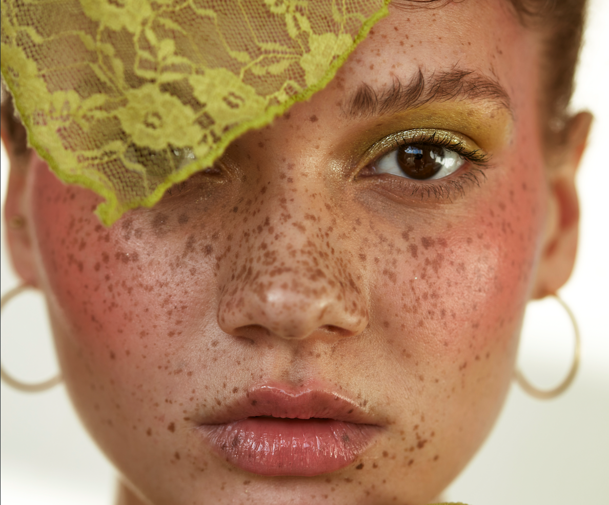 Close-up of a woman with freckles, wearing gold eye makeup, with a lace yellow accessory partially covering her face, and gold hoop earrings.