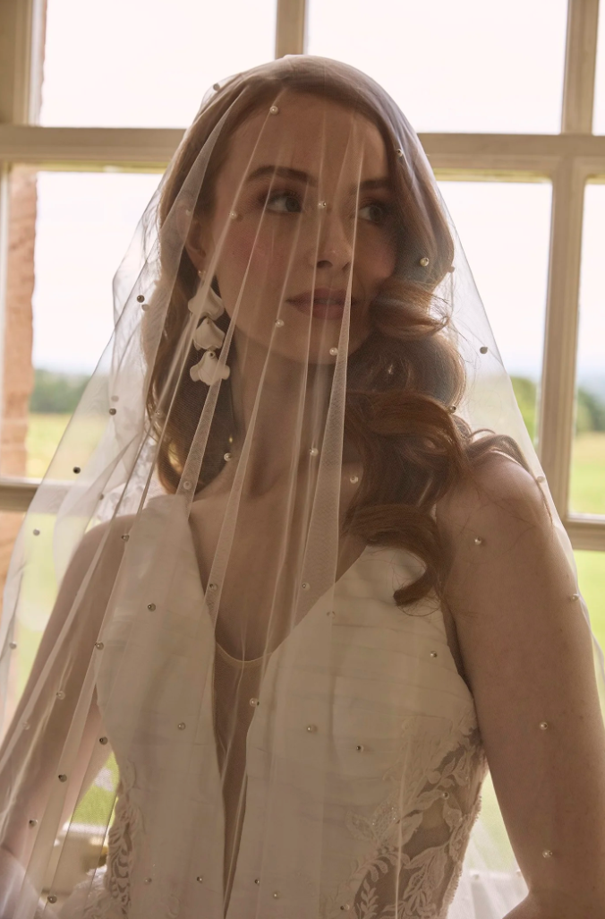 A woman in a wedding dress and veil standing in front of a window with a farm landscape outside, with sunlight shining through the window.