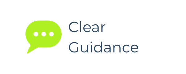 Green speech bubble icon with three dots, next to the text 'Clear Guidance' in blue.