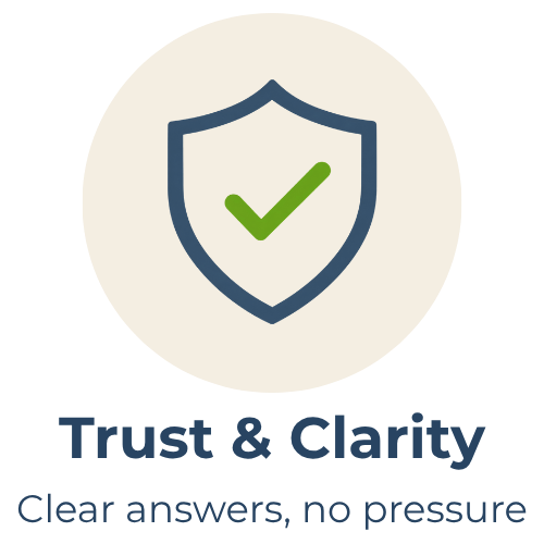 A shield icon with a green checkmark inside, above the text "Trust & Clarity" and the tagline "Clear answers, no pressure".