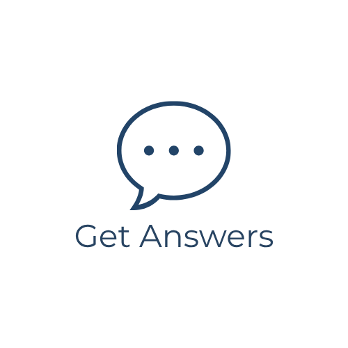 Speech bubble icon with three dots and the text "Get Answers" underneath.