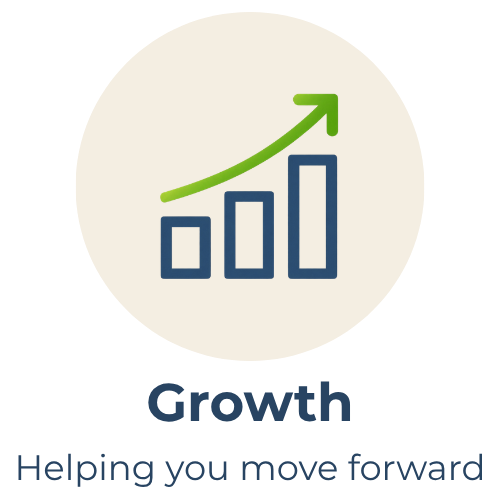 A business growth icon with an upward trending green arrow and three blue bar graphs, accompanied by text indicating analysis and strategic planning.