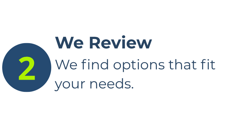 Text graphic with the header 'We Review' and a large green number 2 inside a blue circle. The subtitle says, 'We find options that fit your needs.'
