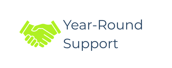 Illustration of two green hands shaking with the text 'Year-Round Support' beside it.