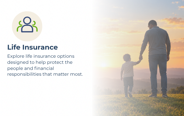 A man and a young boy hold hands while walking outdoors during sunset, symbolizing protection and care, with a text overlay about life insurance options.