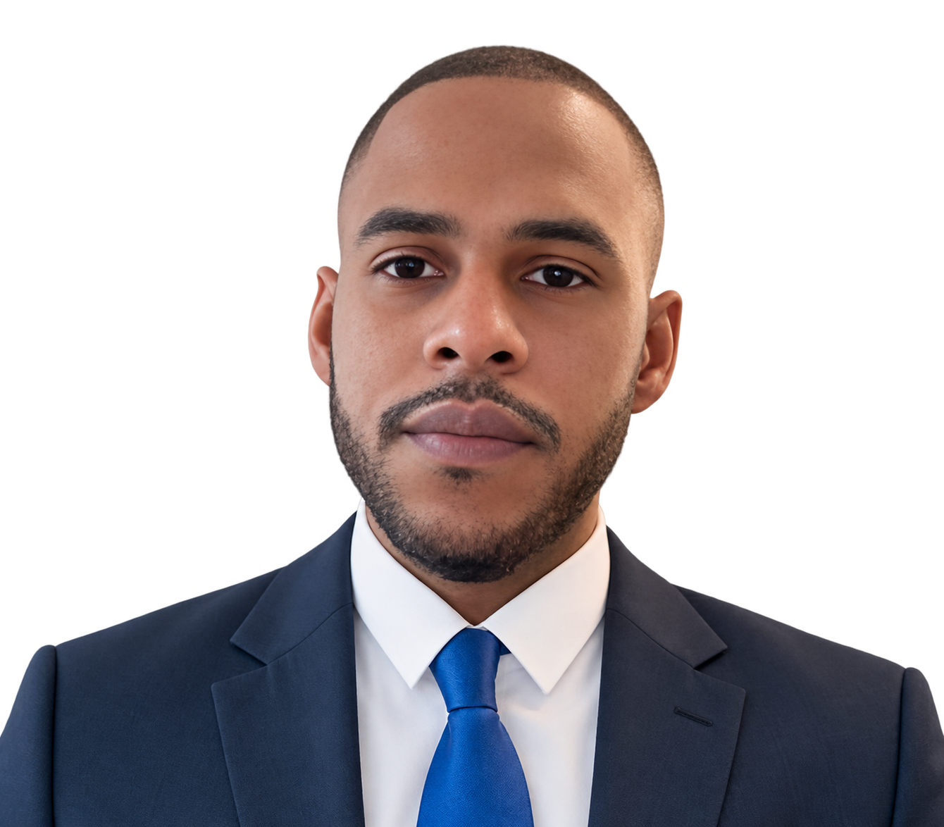 Headshot of a young man with short hair, wearing a suit and tie