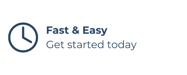 A logo with a clock icon and the text 'Fast & Easy Get started today' in blue.