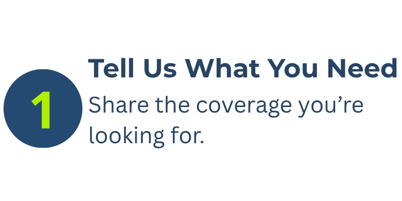 Infographic with the heading 'Tell Us What You Need' and a large green number 1 inside a blue circle, with text below instructing to share the coverage you're looking for.