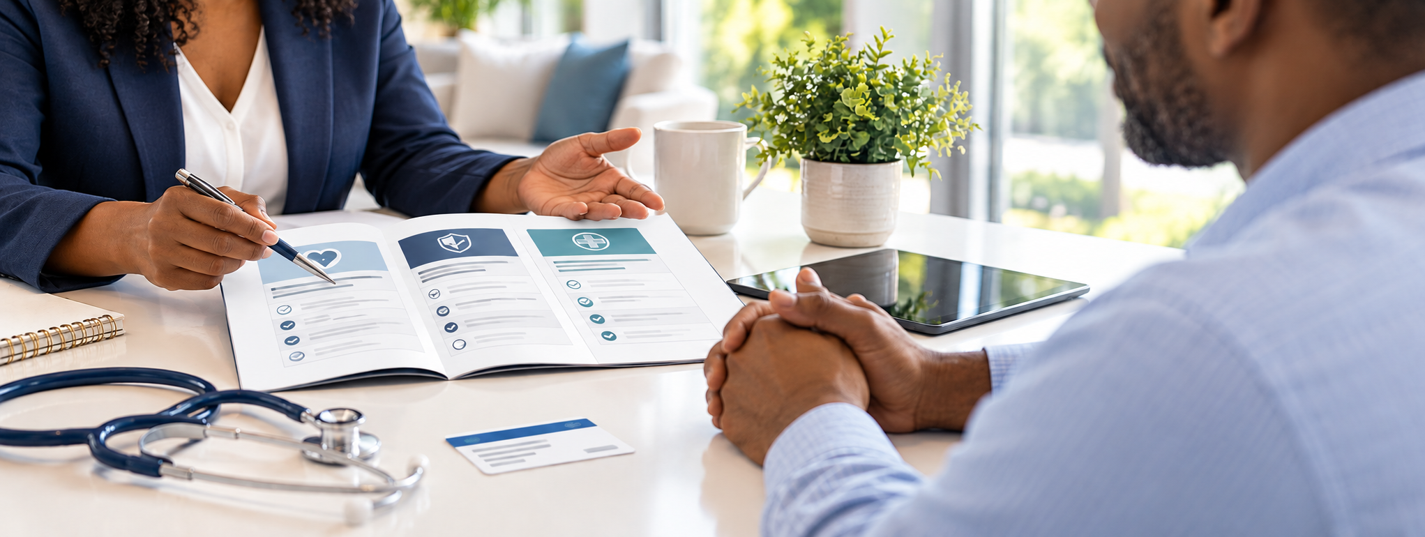 Medical professional explaining health charts to a patient in a consultation room with plants on the table.