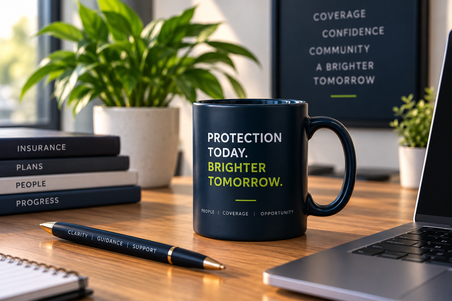 Office desk with a dark blue mug featuring the message "Protection today. Brighter tomorrow." in white and yellow text, a black pen with gold accents, a closed laptop, a stack of black and white documents titled "Insurance Plans People Progress," a potted green plant, and a framed poster on the wall with related motivational text.