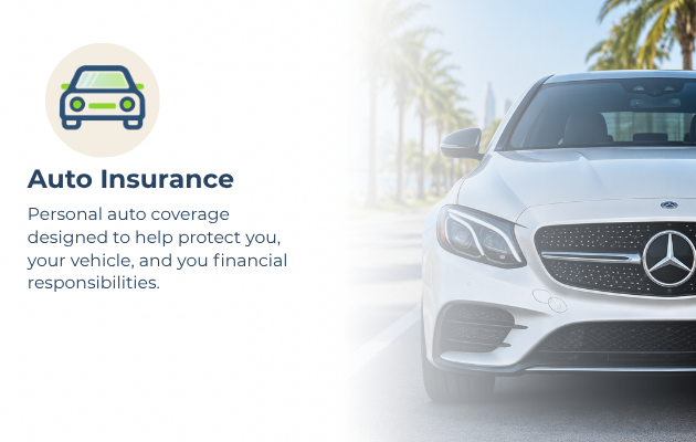 Image of a white Mercedes-Benz car on a sunny road with palm trees, alongside text about auto insurance.