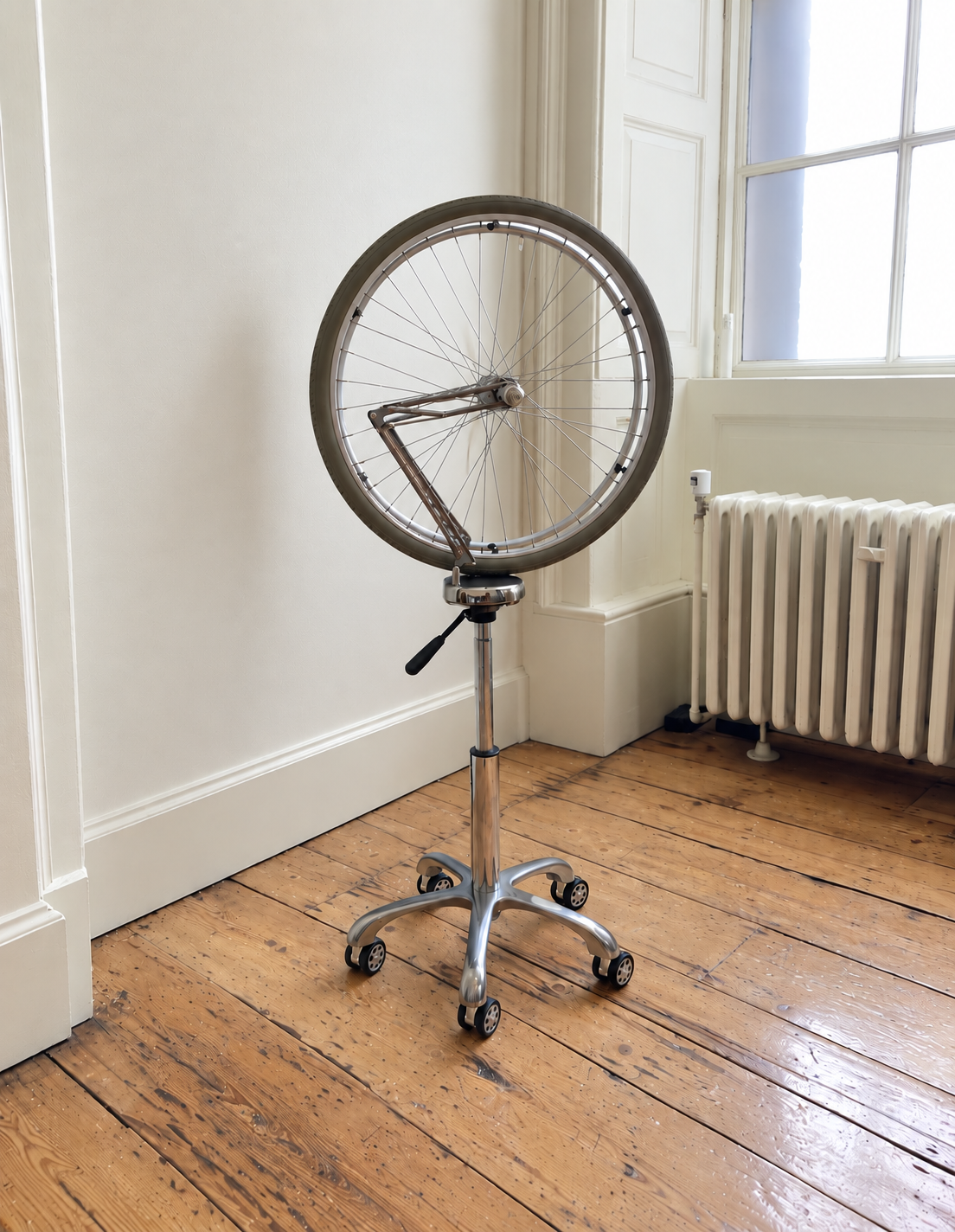 I had to carry this sculpture to Somerset House on my wheelchair, so it needed to be portable. I assembled the bottom of an office chair, the arm of an anglepoise lamp and a wheelchair wheel together with magnets and 3D printed parts. all steel.