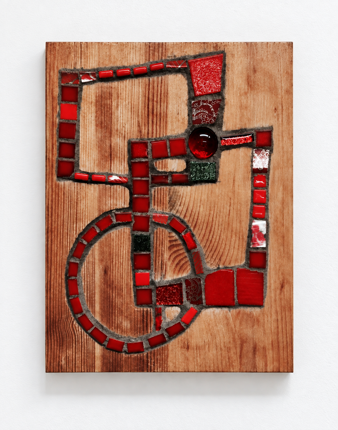 an abstract mosaic on wood made using glass, tile and broken china. the mosaics sit within grooves cut into the oblong shaped piece of flat wood. Red and green.