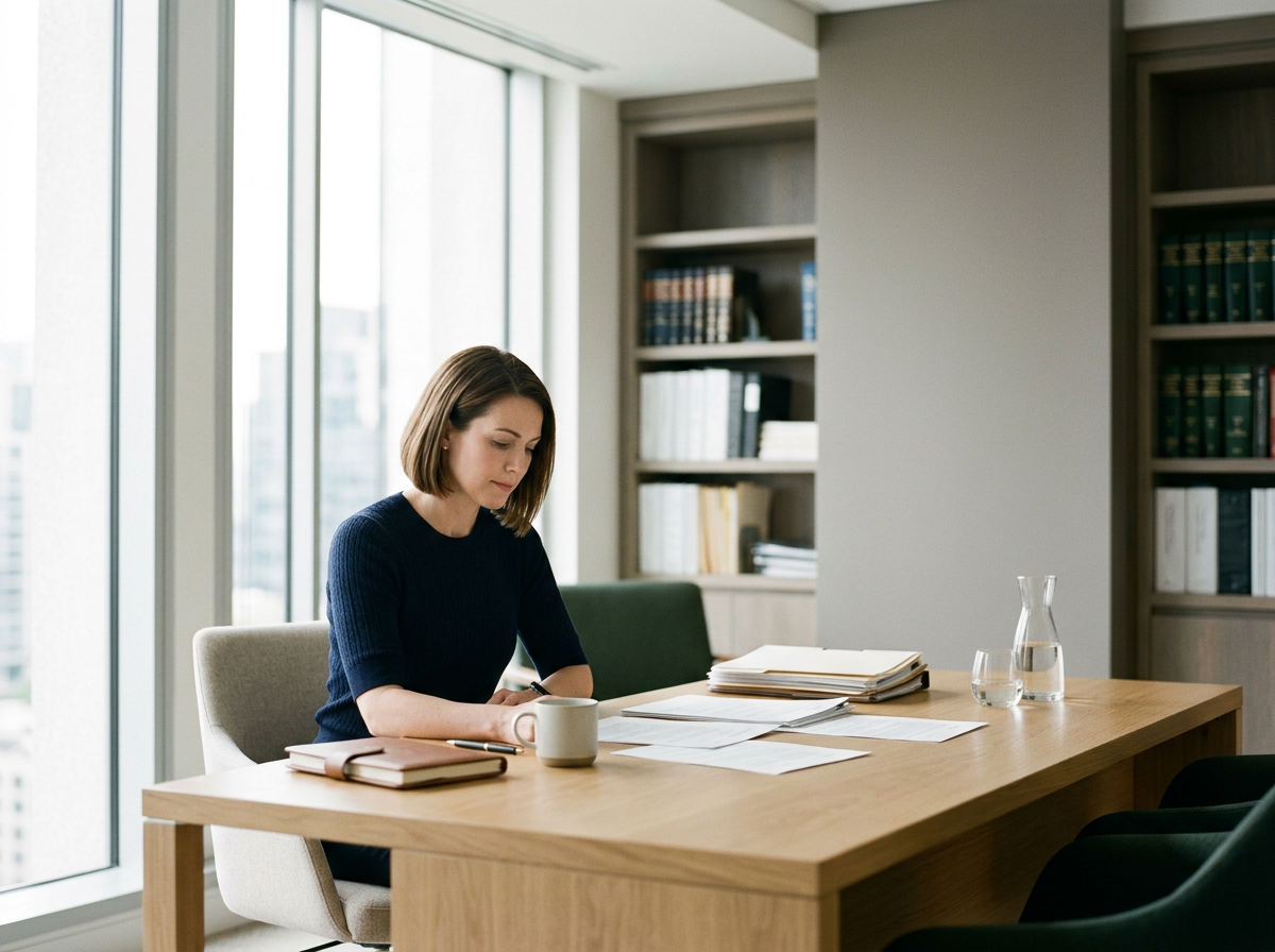 A woman sitting at a wooden table in a bright office, with papers, a notebook, a coffee mug, a glass of water, and a glass pitcher on the table. Bookshelves are in the background.