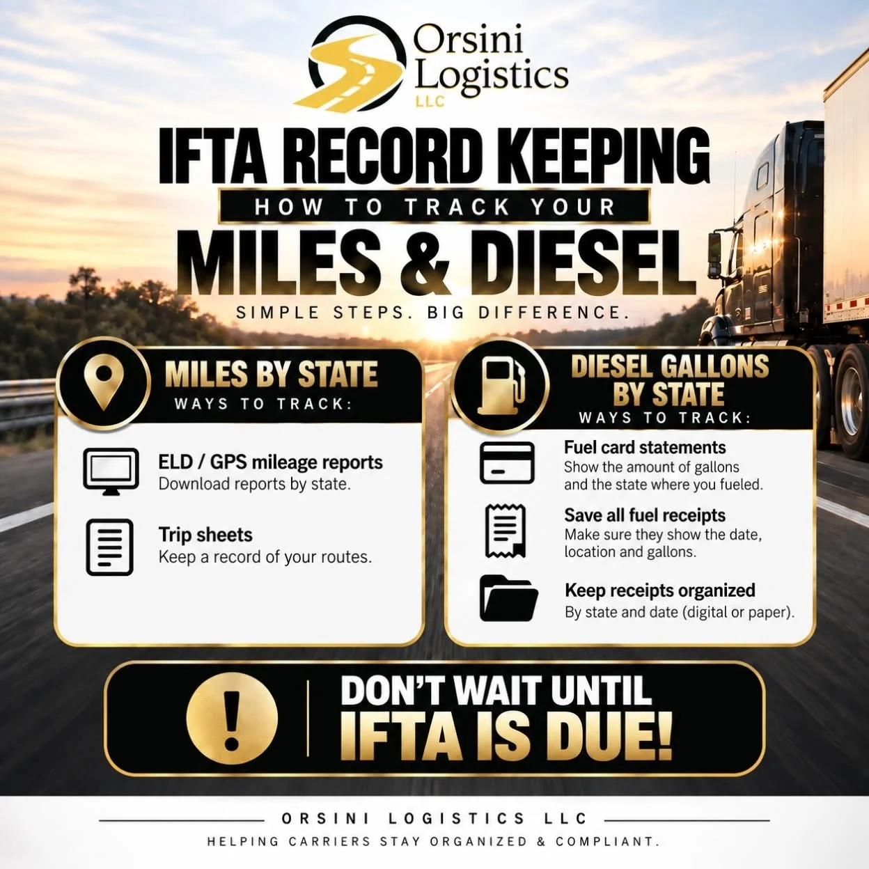 An informational graphic about tracking miles and diesel for IFTA record keeping, with tips on how to track and organize records, featuring the logos of Orsini Logistics LLC.