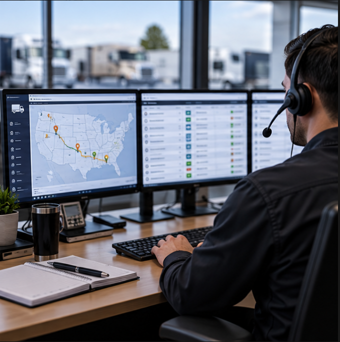 Man working at computer with three monitors showing a logistics map of the United States and a list of shipments, in an office with large window and trucks outside.