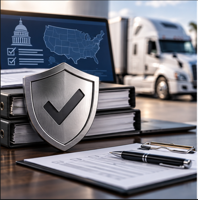 Desk with binders, a shield with a check mark, a pen, and paperwork in front of a computer and semi-truck, suggesting a transportation or logistics security theme.