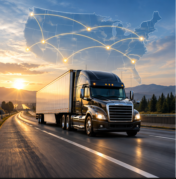 A black semi-truck driving on a highway at sunset, with a transparent overlay of a map of the United States showing connected cities.