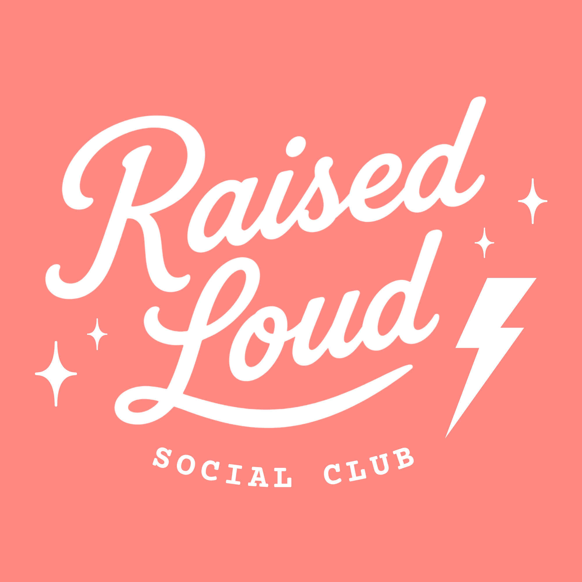Pink background with white cursive text that says 'Raised'. Underneath, smaller white text reads 'Social Club' with star icons around the text.