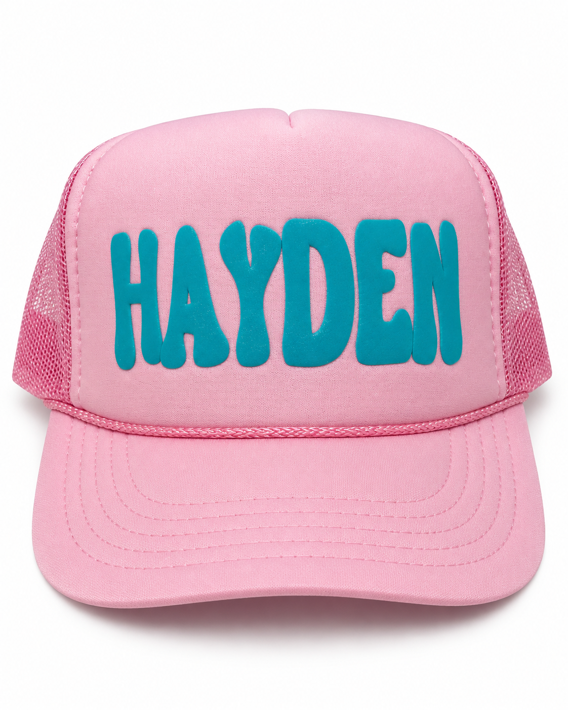 Pink Trucker Cap with Teal HAYDEN Lettering.png