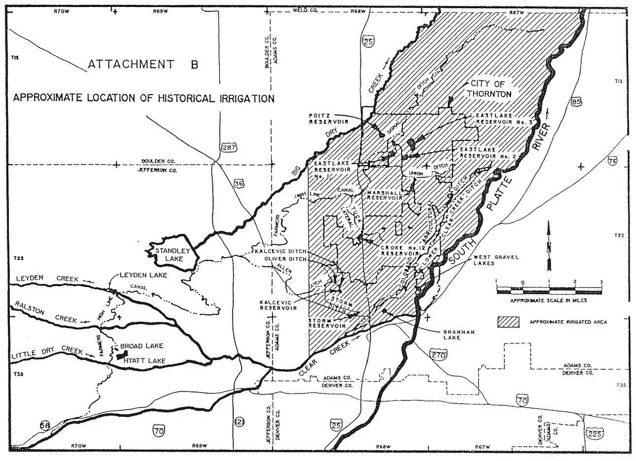 Map showing the approximate location of historic irrigation in the Thornton area, highlighting reservoirs, ditches, lakes, and creeks.