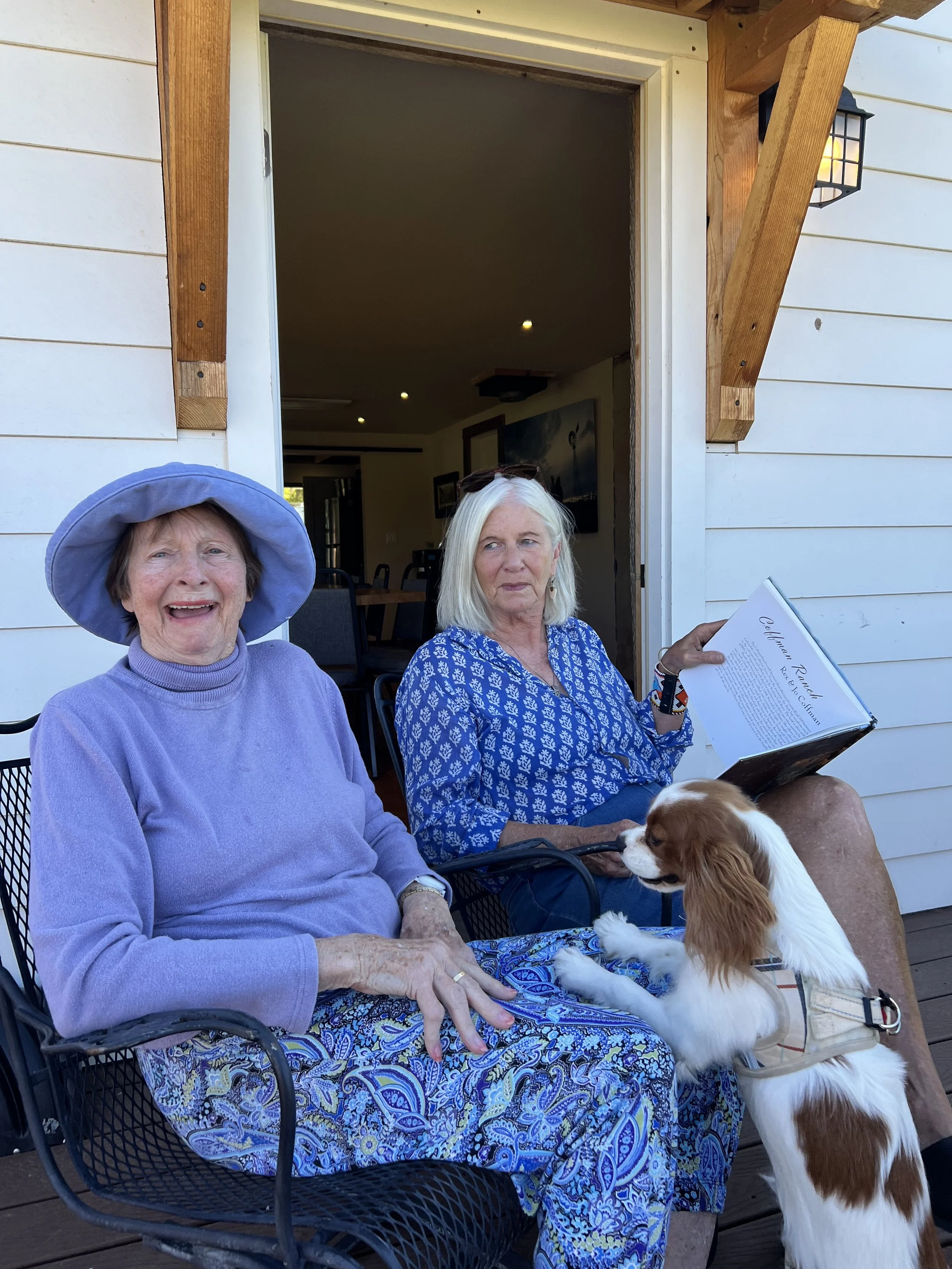 Two older women sitting outdoors on a patio, with a small dog between them. One woman is wearing a purple sweater and a purple hat, smiling, and the other woman has white hair, wearing a blue floral dress, reading a book. The dog is an owner breed with white and brown fur, sitting close to the woman reading, with a leash attached.