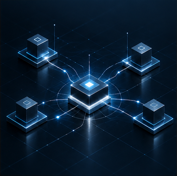 Digital illustration of a central glowing square connected to four smaller squares by lines, symbolizing a network or blockchain in a high-tech style.