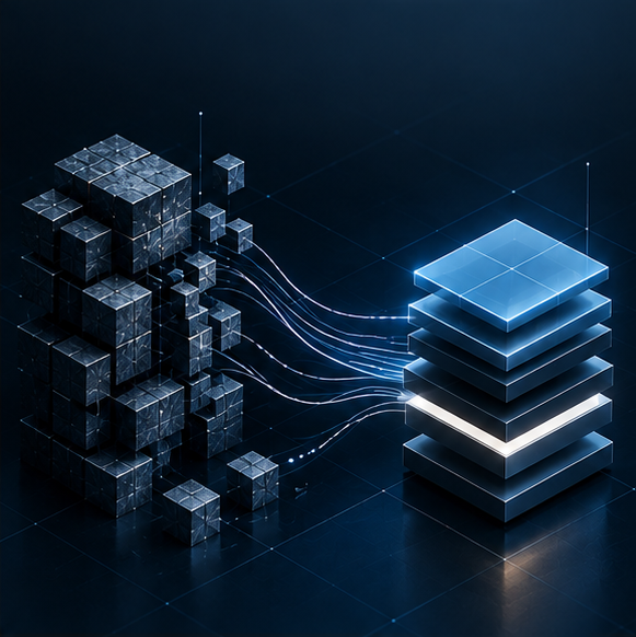 Digital illustration of data blocks flowing from a complex cube structure to stacked illuminated layers, symbolizing data transfer or processing.