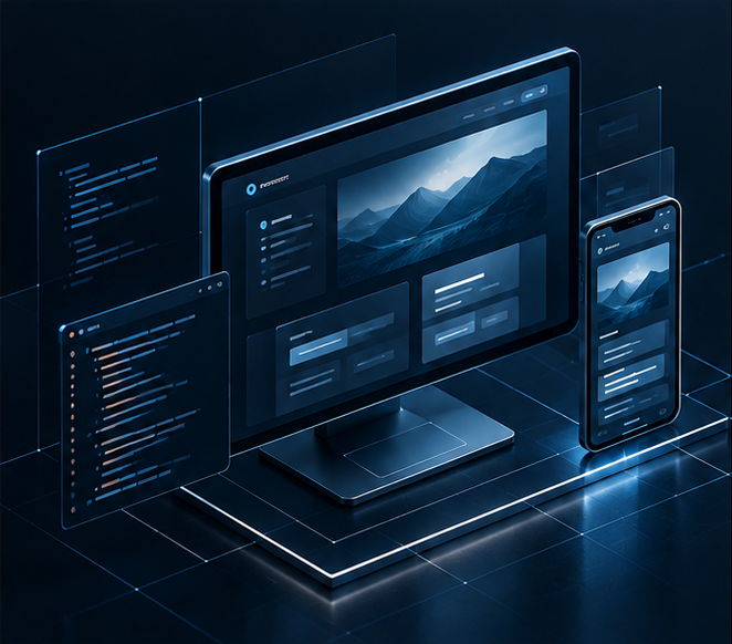 Futuristic digital interface featuring a desktop monitor and a smartphone displaying a mountain landscape, with holographic screens of code and data surrounding them.