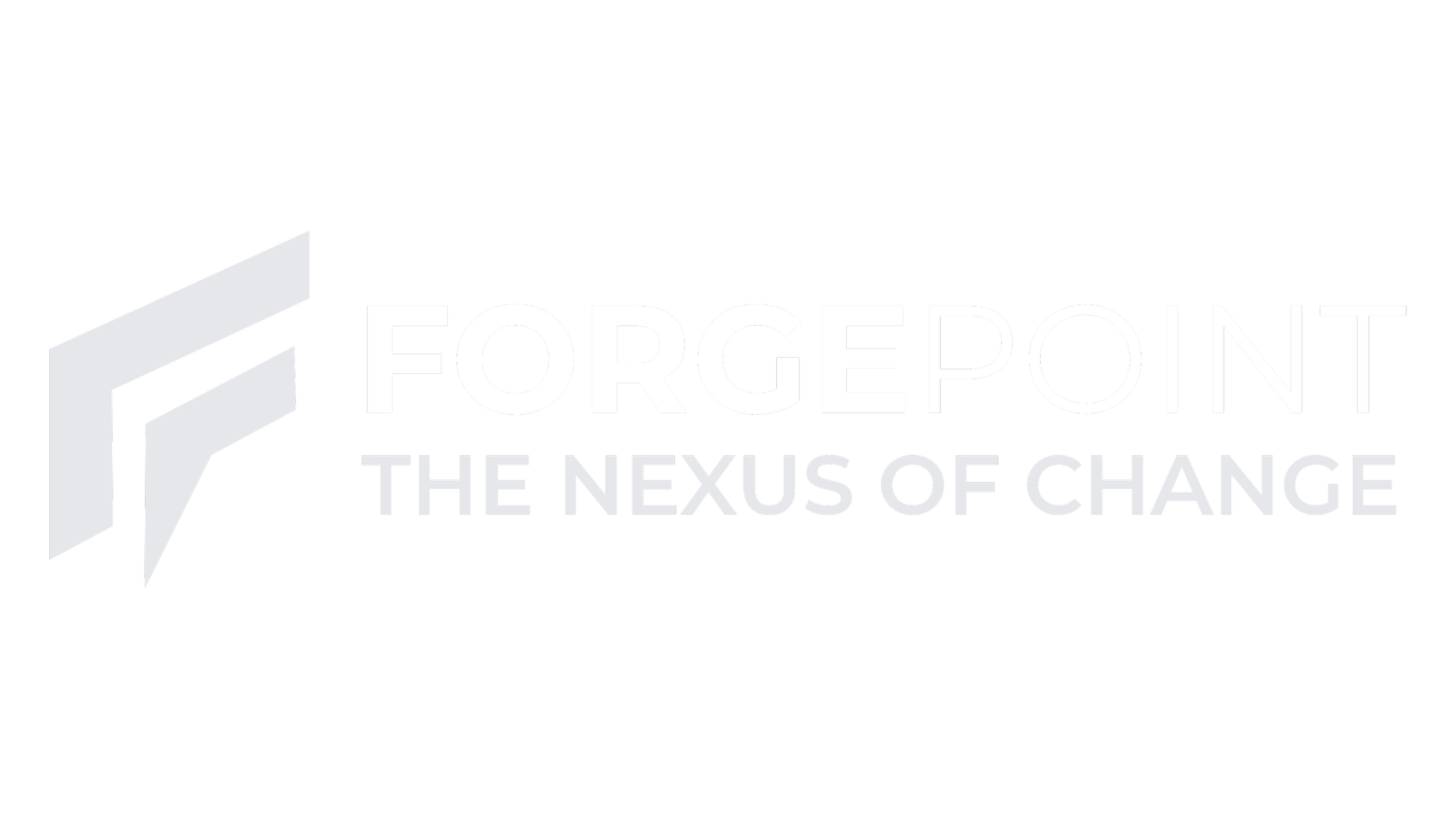 Logo for ForgePoint, with a stylized 'F' icon and the tagline 'The Nexus of Change' in white text on a black background.