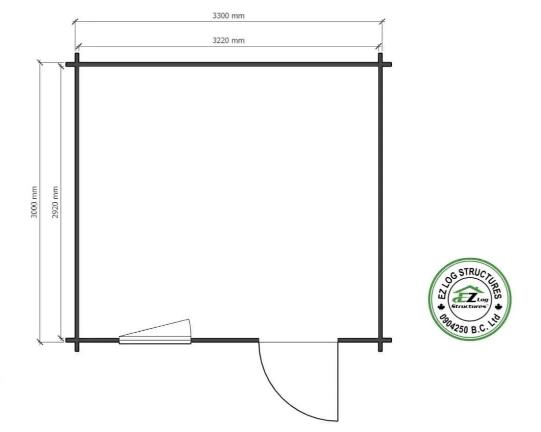 Floor plan of a small rectangular structure with dimensions, featuring a door on one side and a window on an adjacent wall, with a logo of EZ Log Structures at the bottom right corner.