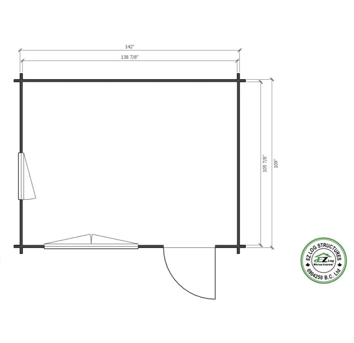 Floor plan of a small room with dimensions, door, and window, with a logo of EZ Log Structures in the corner.
