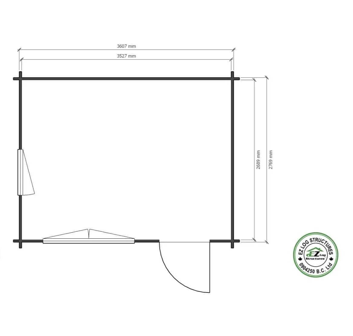 Floor plan of a small room with dimensions labeled 3607 mm by 2789 mm, featuring a door on the bottom wall and a window on the left wall, with a logo in the bottom right corner.