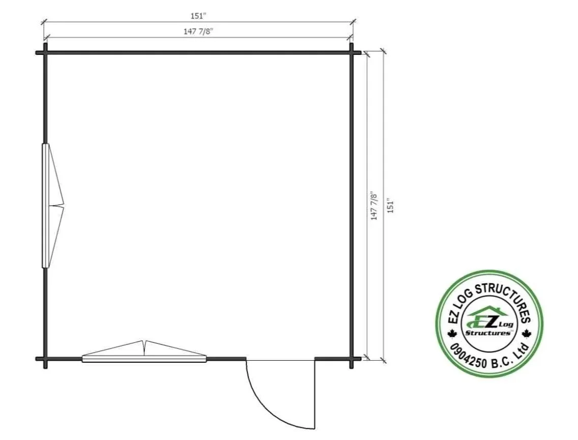 Floor plan of a small square building with two doors and a window, including detailed measurements and a logo for EZ Log Structures.